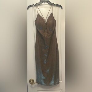 NWT WINDSOR Size S Gold Holographic Backless Midi Dress with Spaghetti Straps